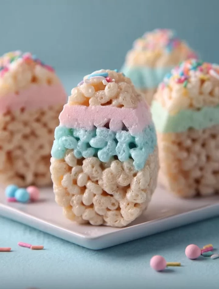 Colorful Easter Egg Rice Krispies Treats shaped like Easter eggs