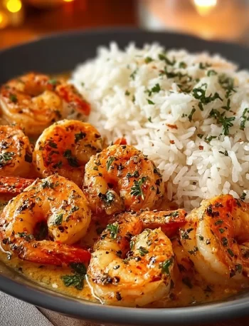 Delicious creamy garlic shrimp served over pasta