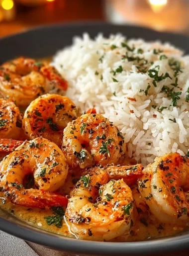 Delicious creamy garlic shrimp served over pasta