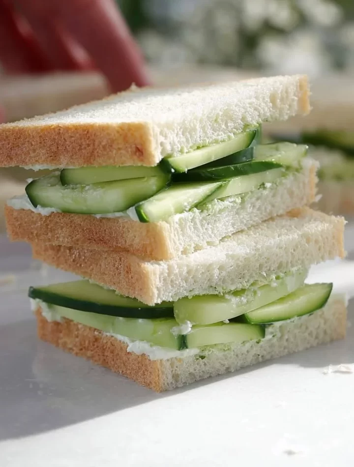 Plateful of easy cucumber sandwiches with fresh ingredients and garnishes