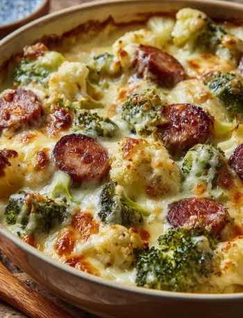 Easy keto broccoli and cauliflower au gratin with sausage dish