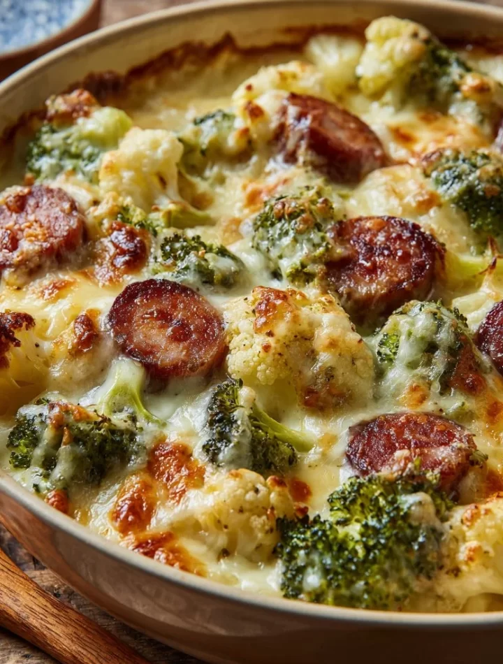 Easy keto broccoli and cauliflower au gratin with sausage dish