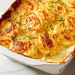 Creamy easy scalloped potatoes layered in a baking dish