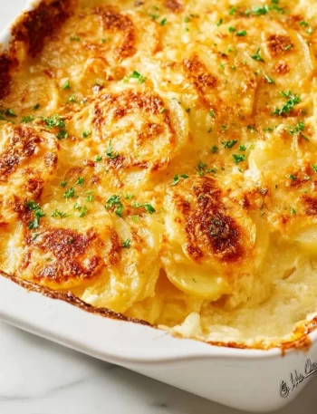 Creamy easy scalloped potatoes layered in a baking dish