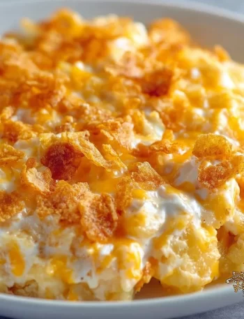 Delicious creamy Funeral Potatoes casserole served in a dish