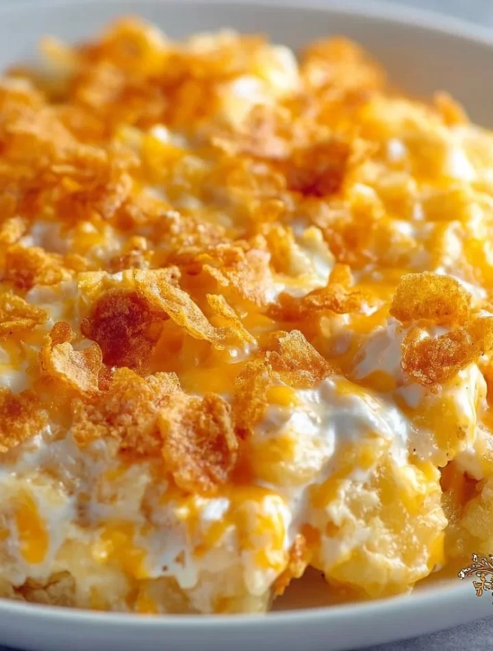 Delicious creamy Funeral Potatoes casserole served in a dish