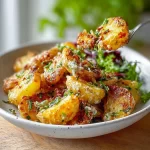 Garlic crispy smashed potato salad served in a bowl with fresh herbs