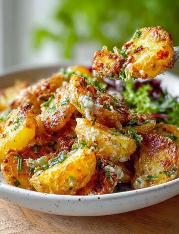 Garlic crispy smashed potato salad served in a bowl with fresh herbs