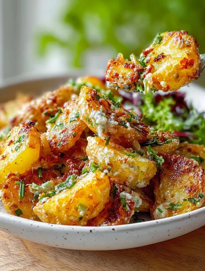 Garlic crispy smashed potato salad served in a bowl with fresh herbs