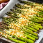 Garlic Roasted Cheesy Sheet Pan Asparagus fresh from the oven