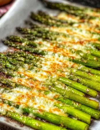 Garlic Roasted Cheesy Sheet Pan Asparagus fresh from the oven