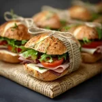 Selection of gourmet sandwiches on a rustic wooden table