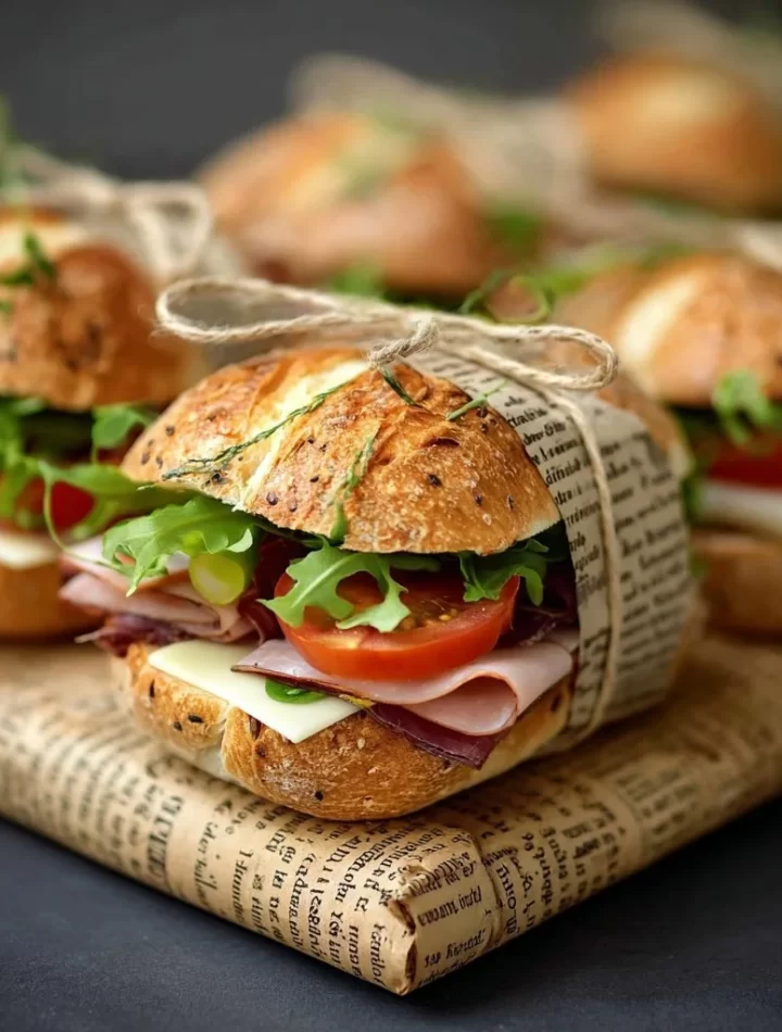 Selection of gourmet sandwiches on a rustic wooden table