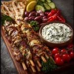 Greek chicken souvlaki grazing board with feta dip for sharing