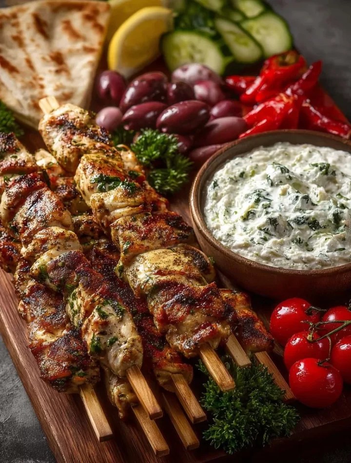 Greek chicken souvlaki grazing board with feta dip for sharing