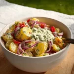 Greek inspired potato salad with feta, olives, and fresh herbs