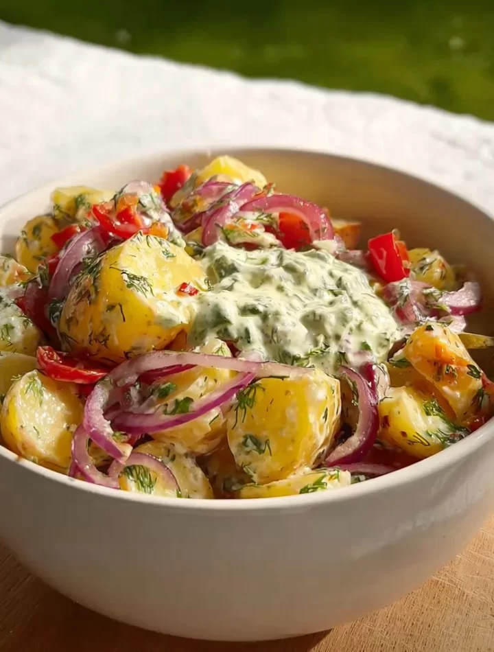 Greek inspired potato salad with feta, olives, and fresh herbs