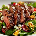 Grilled balsamic steak salad with vibrant greens and a tangy dressing