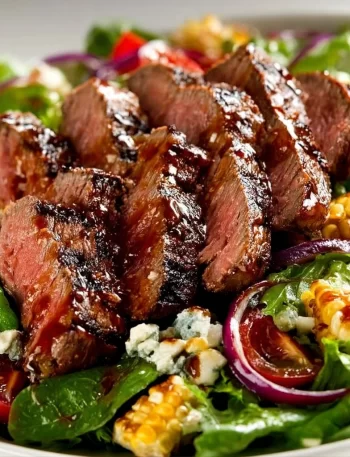 Grilled balsamic steak salad with vibrant greens and a tangy dressing