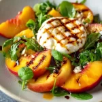 Grilled Peach and Burrata Salad with fresh greens and balsamic drizzle