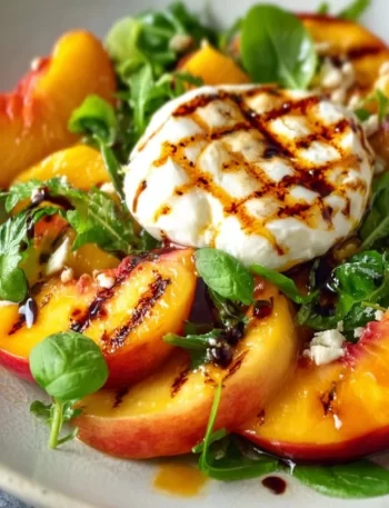 Grilled Peach and Burrata Salad with fresh greens and balsamic drizzle
