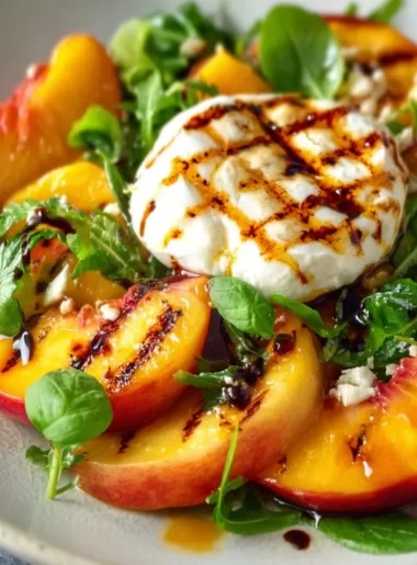Grilled Peach and Burrata Salad with fresh greens and balsamic drizzle