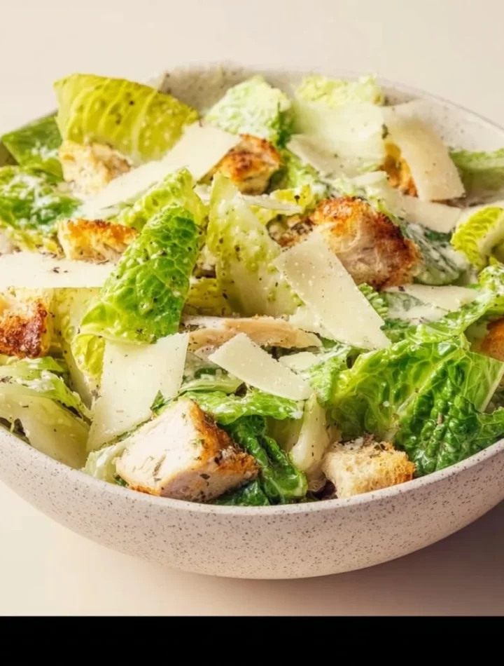 Guiltless high protein Caesar salad bowl with fresh greens and toppings.