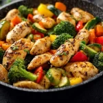 Healthy skillet dish featuring chicken and vegetables cooked together