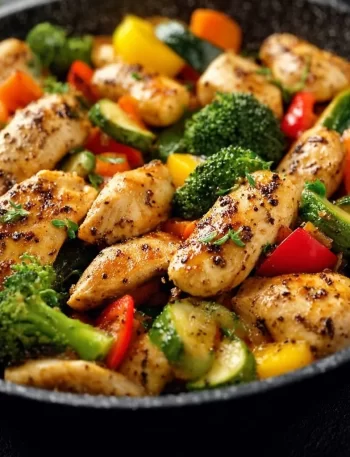 Healthy skillet dish featuring chicken and vegetables cooked together