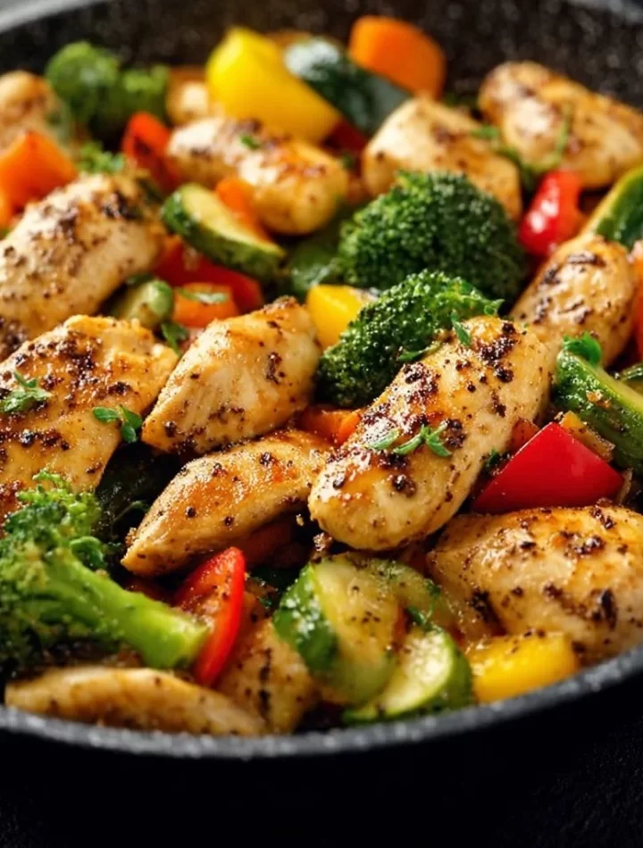 Healthy skillet dish featuring chicken and vegetables cooked together