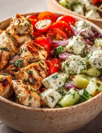 Healthy Greek chicken bowls served with creamy tzatziki sauce
