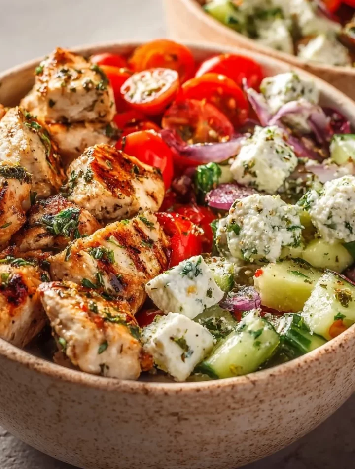 Healthy Greek chicken bowls served with creamy tzatziki sauce