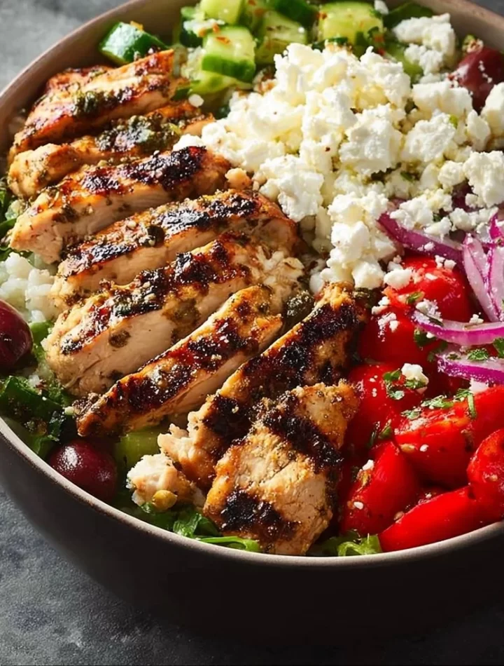 Healthy Mediterranean Chicken Bowl with fresh vegetables and grilled chicken