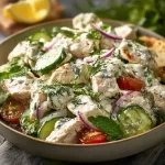 Healthy Mediterranean Tzatziki Chicken Salad with fresh vegetables and chicken