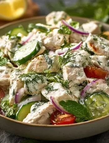 Healthy Mediterranean Tzatziki Chicken Salad with fresh vegetables and chicken