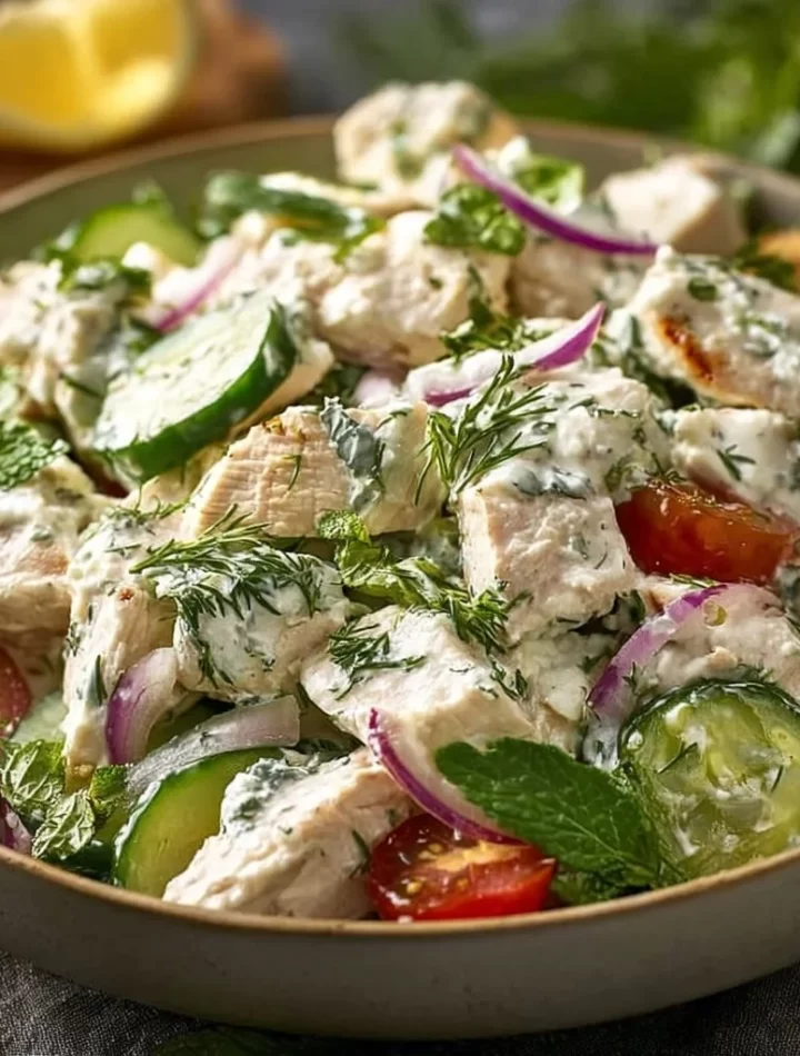 Healthy Mediterranean Tzatziki Chicken Salad with fresh vegetables and chicken