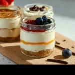 Healthy protein cheesecake jars topped with fresh berries and nuts