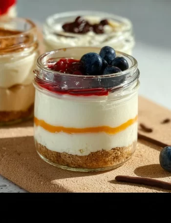Healthy protein cheesecake jars topped with fresh berries and nuts