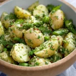 Herby potato salad garnished with fresh herbs in a bowl