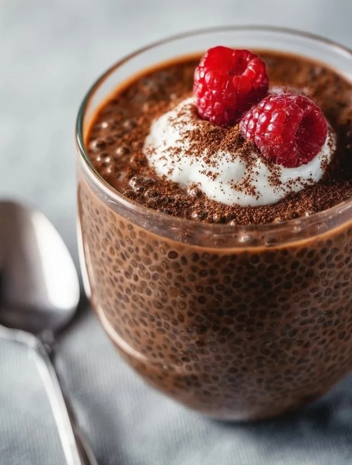 High protein chocolate chia seed pudding topped with fresh berries