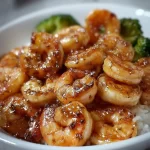 Plate of high-protein honey garlic shrimp garnished with herbs
