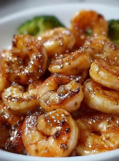 Plate of high-protein honey garlic shrimp garnished with herbs