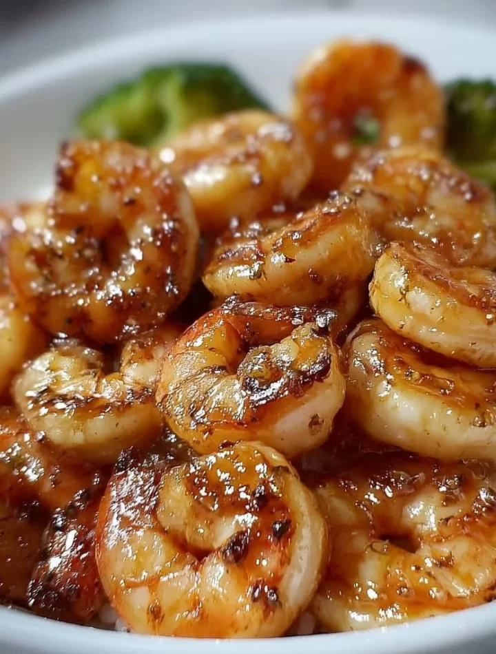 Plate of high-protein honey garlic shrimp garnished with herbs
