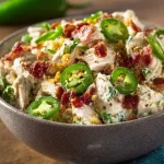 High protein jalapeno popper chicken salad with bacon, cheese, and jalapeños