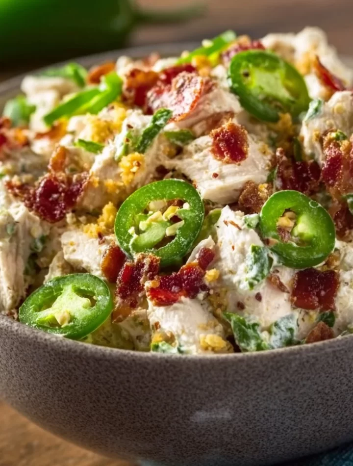 High protein jalapeno popper chicken salad with bacon, cheese, and jalapeños