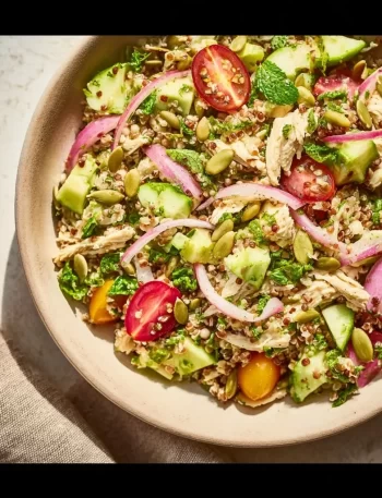 High protein salad inspired by Jennifer Aniston, ideal for meal prep.