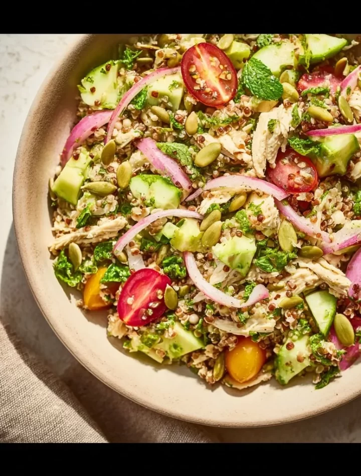 High protein salad inspired by Jennifer Aniston, ideal for meal prep.