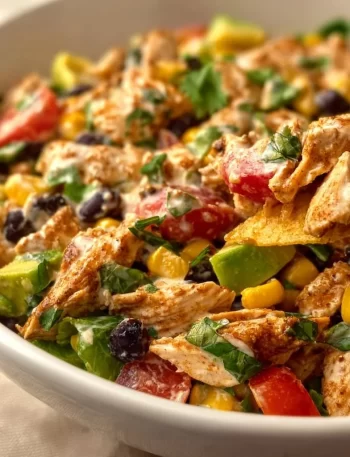 High-Protein Southwest Chicken Salad topped with fresh ingredients and spices