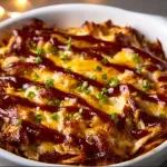 Keto BBQ Chicken Casserole served in a baking dish with toppings