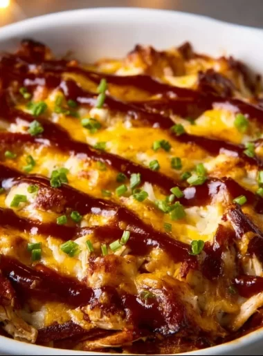 Keto BBQ Chicken Casserole served in a baking dish with toppings